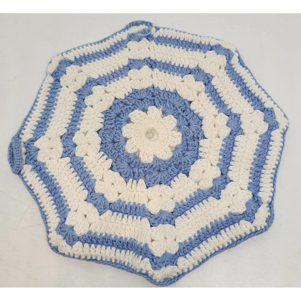 Vintage Set of 3 Crocheted Table Runner Placemat Potholder Blue White